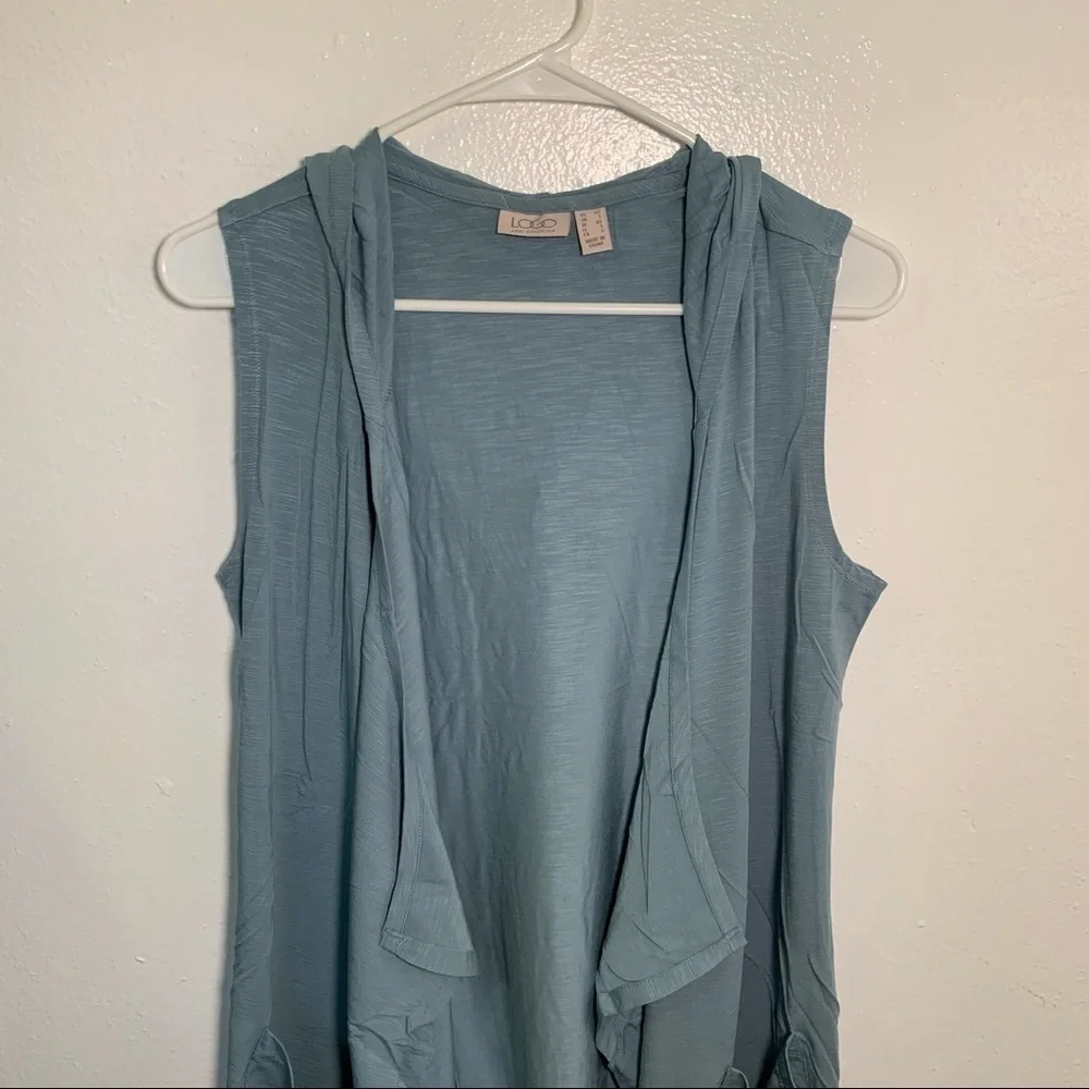 LOGO by Lori Goldstein Women's Size XS Open Front Knit Vest with Hood Light Blue